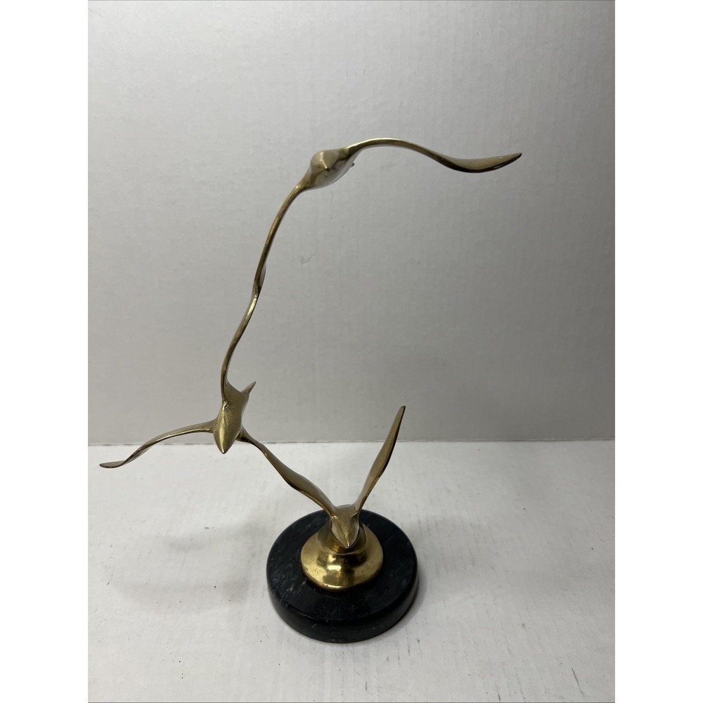 Vintage Brass Seagulls Birds in Flight Sculpture Statue on Marble Base
